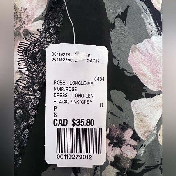 New Forever 21 Long Robe Dress Floral Black & Pink Rose Print, Open Back, Sz S - Picture 10 of 11